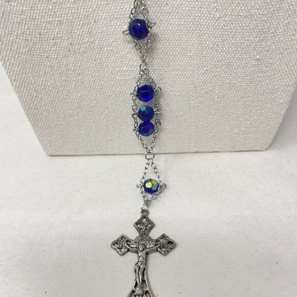 Vintage Aurora Borealis Beaded Rosary Necklace Blue Glass Long Christianity - Picture 3 of 14